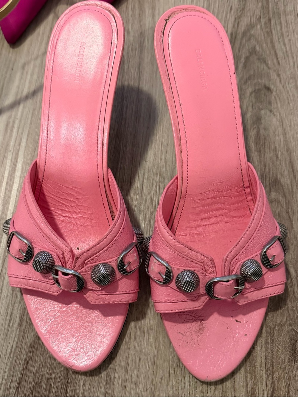 Balenciaga Pink Carole Sandals with Studded Buckle Detail